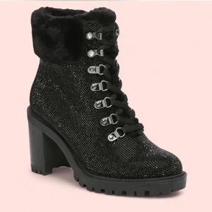 Black Sparkle Ankle Booties with Fuzzy Cuff